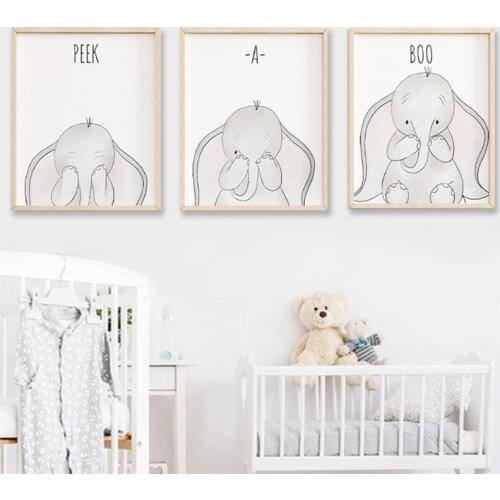 Elephant Peek-a-boo Funny Nursery Wall Art Canvas Painting Nordic Posters and Prints Cartoon Wall Pictures Baby Kids Room Decor