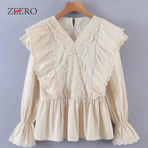 Spring Women Lace Double Ruffle Blouses Female Long Flared Sleeve V-Neck Elastic Waist Casual Loose Blouse New Korean Shirts Top