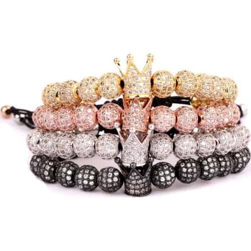 High Quality Luxury Men Women Jewelry Bracelet 8mm CZ Micro Pave Ball Crown Adjustable Beads Bracelet