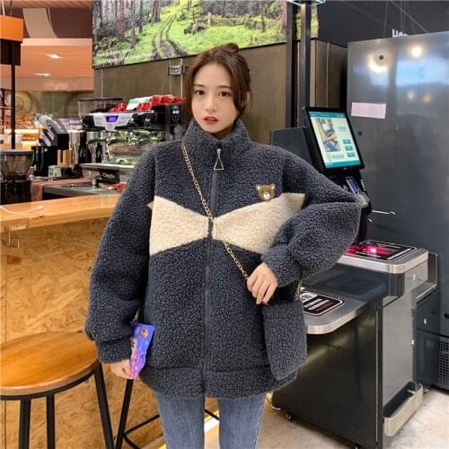 FNOCE 2020 winter new womens Korean style coats and jackets fashion youth patchwork long sleeve plus velvet thickened warm coat