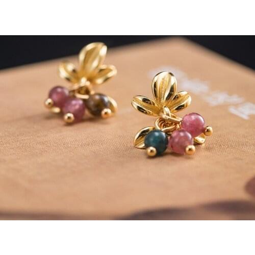 S925 Sterling silver antique temperament candy color tourmaline earrings female aesthetic art national style design fruit shape