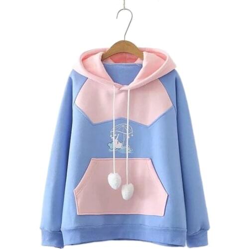 Women Harajuku Hoodies Preppy Style Kawaii Rabbit Print Hit Color Patchwork Sweet Hooded Sweatshirt Winter Thick Warm Pullovers