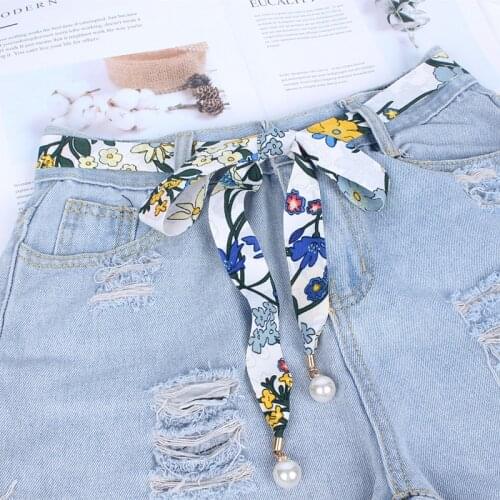 Fashion pearl fabric women belts print flower stripe ladies knot waist rope long thin scarf ribbon for dresses female strap