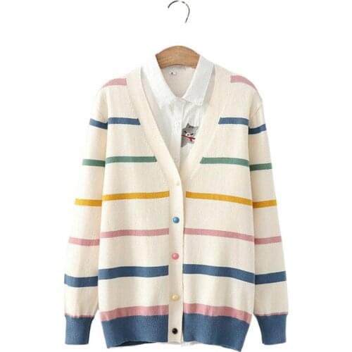 Merry Pretty Women Cardigans and Sweaters Girls Colorful Rainbow Striped Knitted Cardigans Female Fall Winter Sweet Knit Outwear