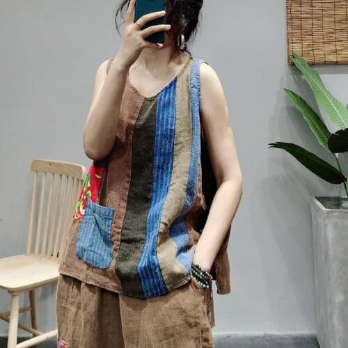 Retro Women vest 2021 Summer New Spliced pocket Casual Tops Ladies New O-Neck Sleeveless Loose All-match vest