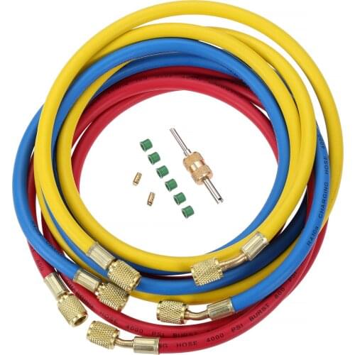 72" R410A AC Refrigerant Charging Hose Set, 1/4" SAE Thread w/Valve Core Remover, Thimble gaskets for R134A R12 R22 R502 R404