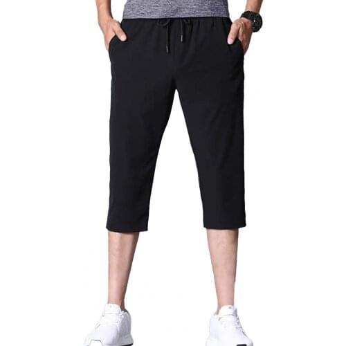 Capri Pants 3/4 Capri Pants Solid Color Stretchy Men Drawstring Pockets Cropped Trousers for Sports Jogging Pants Casual Pants