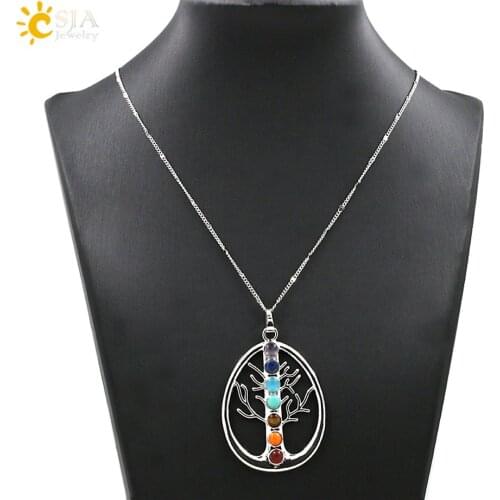 CSJA 2pcs Reiki Symbols Health Amulet Tree Life 7 Chakra Stones Pendant Necklace Chakra Tree Yoga Stone Statement Necklace E026