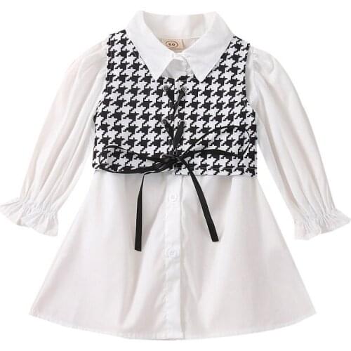 0-6Y Fashion Toddler Kids Baby Girl Long Sleeve White Shirt Dress Bandage Waistcoat 2PCS Outfits Children Girls Clothes Set