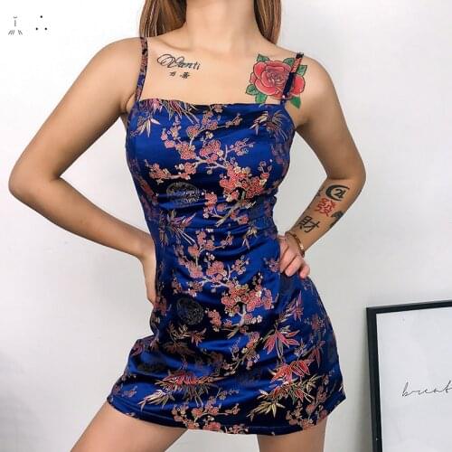 IAMSURE Chinese Style Floral Embroidery Blue Party Dress Fashion Sexy Slim Slash Neckspaghetti Strap Sleeveless Mini Dresses 90S