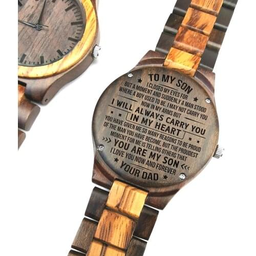 To My Son-I Will Always Carry You In My Heart From Dad Or Mum Engraved Wooden Watch Zebra Wooden Black Sandalwood Mens Gifts