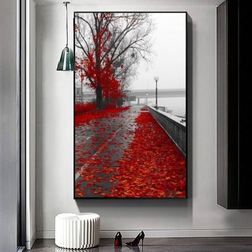Street With Red Maple Leaves Painting Canvas Print Wall Art Picture For Living Room Home Decor Wall Decoration Frameless