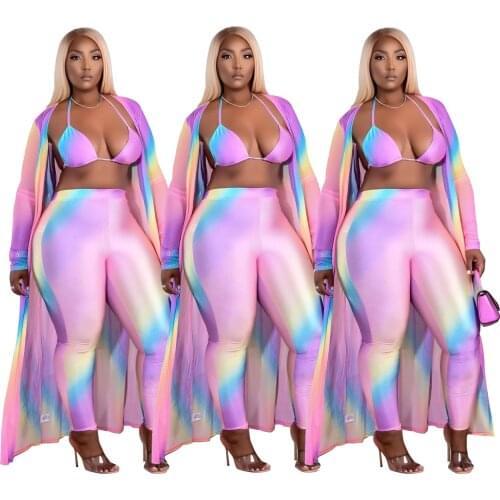 Colorful Print 3 Piece Sets Long Sleeve Cloak+Halter Off Shoulder Top+Skinny Pencil Pants Beach Holiday Party Outfits