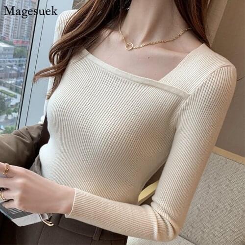 Korean Autumn Winter Knitted Sweater Women Long Sleeve Square Collar Jumper Woman Sweaters Slim Solid Pullovers Sweaters 12121