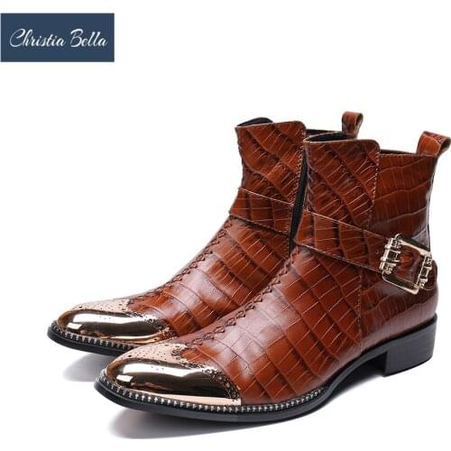 Christia Bella Handsome Winter Boots Men Rome Brown Genuine Leather Men Boots Short Metal Tip Cowboy Motorcycle Ankle Boots Cool