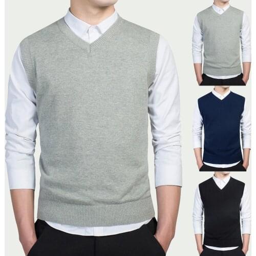 Men Autumn Winter Suit Vests Solid V Neck Gentlemen Sleeveless Waistcoat Cotton Knitted Sweater Business Vest For Wedding Party