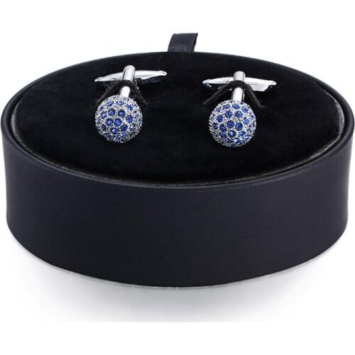 DY new luxury brand round blue crystal ball Cufflinks black leather box set men French Cufflinks Gift Set FREE SHIPPING
