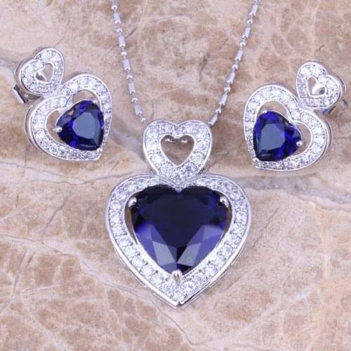 Charismatic Blue Cubic Zirconia White CZ Silver Plated Earrings Pendant Necklace Jewelry Sets S0750