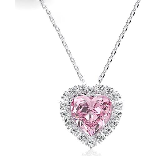 Trendy 100% 925 Sterling Silver Created 12*12mm Pink Heart Pendant Necklace For Women High Carbon Diamond Party Fine Jewelry