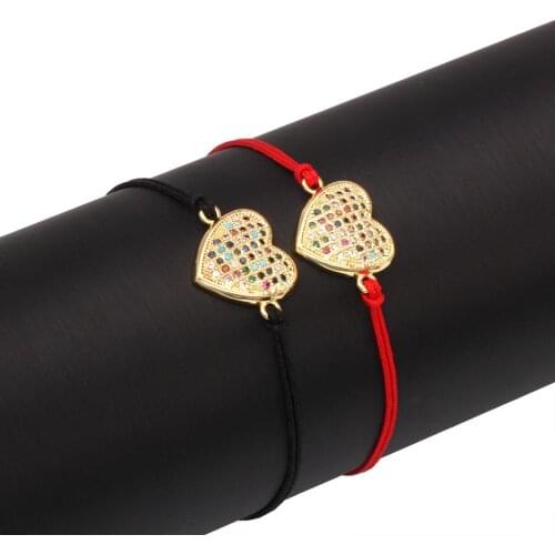 Multicolor Cubic Zirconia Copper Love Peach Heart Charm Bracelet For Women Lovely CZ Red Line Pull Cord Adjustable Jewelry Gift