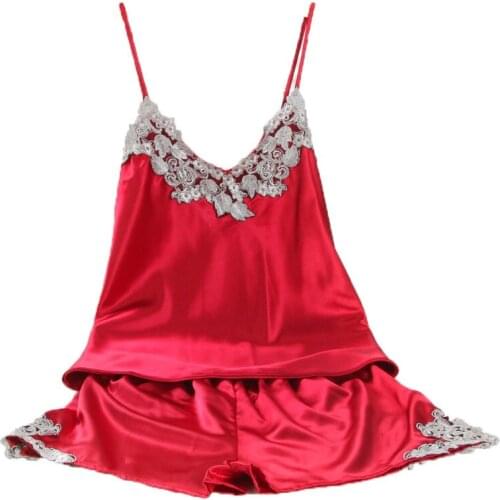 Luxury womens Lace Embroidery Satin Sexy Pajamas Sets two-piece Top + Short Pants Pijamas Set Free Shipping 2016 Nightwear Hot