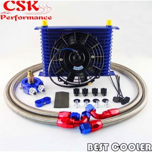 Universal AN10 15 Row engine Trust Oil Cooler kit +7" Electric Fan Kit Blue