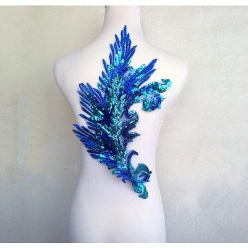40*20cm large blue paillette sequin embroidery phoenix or peacock feather sew-on patch applique without adhesive for clothes DIY