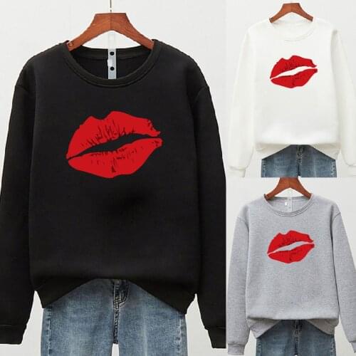 Harajuku Women Sweatshirt Plus Size Butterfly Red lips Print Loose Casual Tops Ladies Long Sleeve O-Neck Pullover Sweatshirts G4