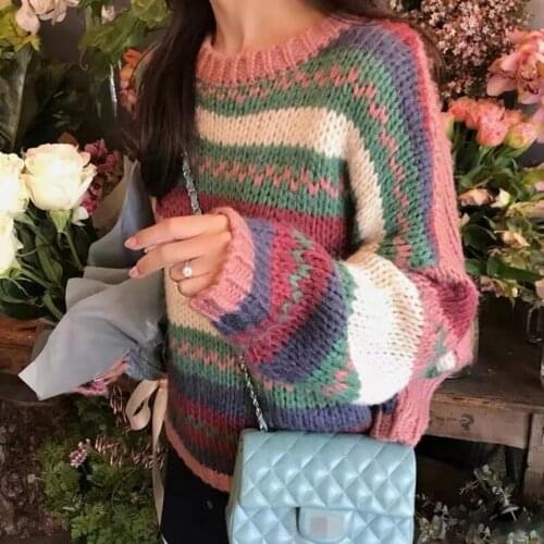 Autumn/Winter Sweet Style Fashion Rainbow Striped Sweater For Women O-Neck Pullovers Cozy Breathable Knitwear Loose Tops Female