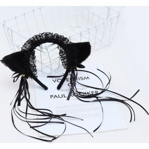 Women Ruffles Silk Headband Cute Plush Cat Ears Ribbon Tassels Bell Decor Hair Hoop Lolita Anime Cosplay Lolita Hair Accessories