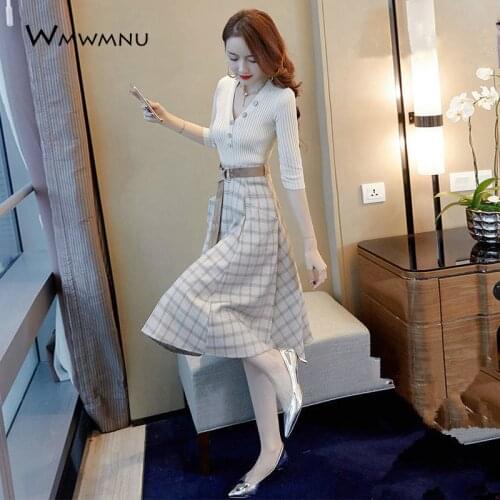 Fashion knitted tops and belt plaid skirt two piece suit elegant v-neck button shirt 2020 spring autumn new slim women clothing
