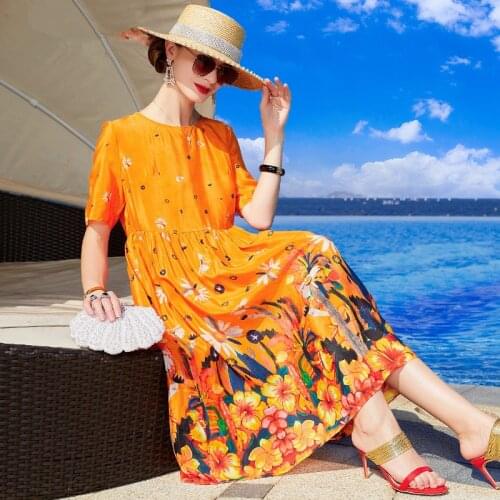 2021 Summer Casual Loose 4XL Plus Size Print Dress Elegant Bodycon Vestidos Women Vintage Floral Mulberry Silk Satin Midi Dress