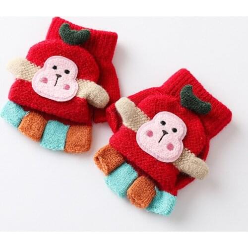 Baby Cartoon Gloves Boy Girl Winter Knitted Gloves Warm Convertible Flip Top Fingerless Mittens Gloves for Children Toddler Kids