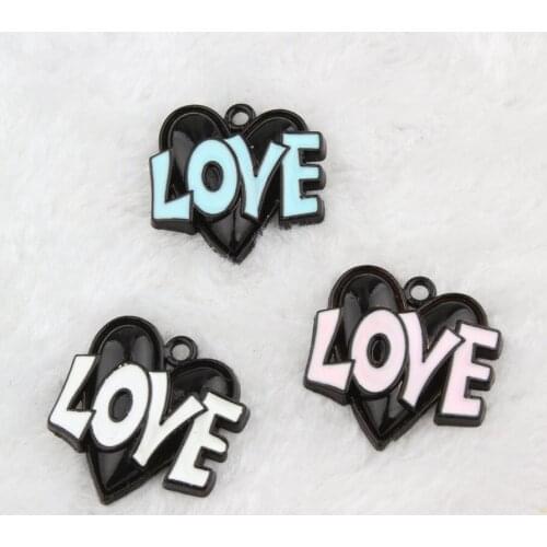 10pcs 24*24mm DIY black metal enamel love word heart charms dangle fashion heart pendants for bracelet earrings jewelry making