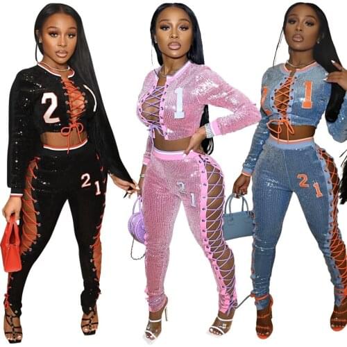 2021 Set Women 2 Pieces Autumn Europe And America New Sexy Bandage Jacket Takes Pencil Pants fashion sequins two sets 8991