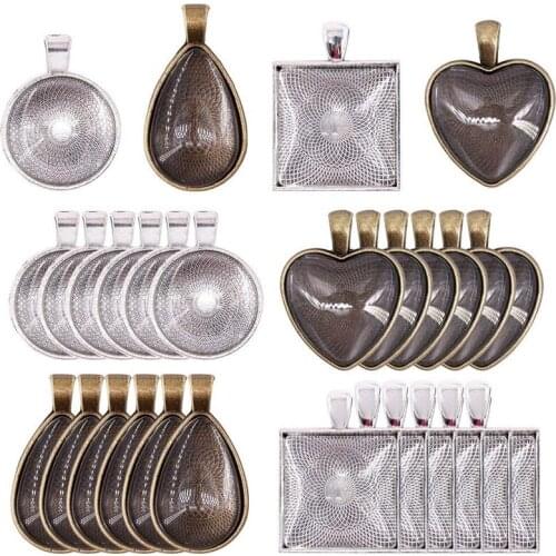 48-Pieces 4 Styles Pendant Trays 24Pcs Round & Square & Heart & Teardrop And 24Pcs Bright Glass Cabochon e Tiles For Crafting