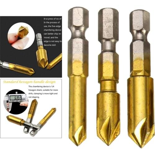90 Degree 5 Flute Round Shank HSS Chamfer Chamfering End Mill Cutter Bit Countersink Set