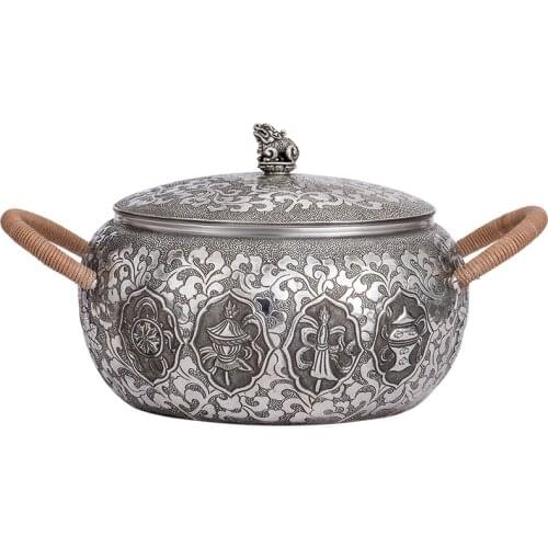 TT Silver Age Eight Treasures Silver Pot 999 Sterling Silver Soup and Tea Cooking Household Sterling Silver Kitchenware Large