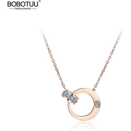 BOBOTUU Double Circle Cubic Zirconia Chain & Link Necklaces Jewelry Titanium Steel Rose Gold Chokers Necklace For Women BN18054
