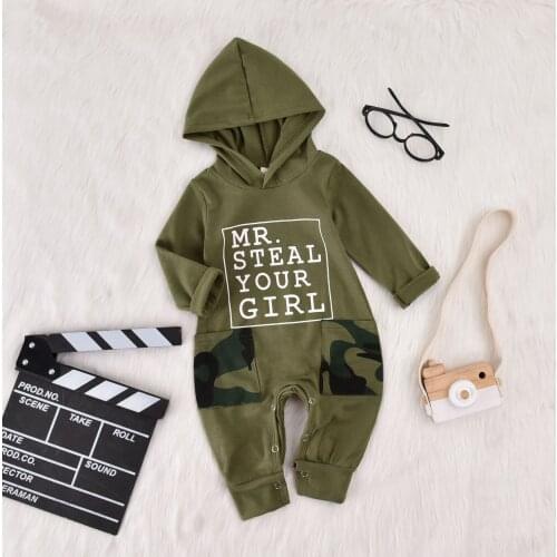 2020 Hot New Fashion Infant Baby Boys Hooded Outfits Autumn Spring Letter Print Long Sleeve Camo One Piece Jumpsuit ropa de bebe