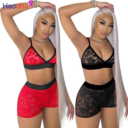 HAOOHU Lace Patchwork Sexy Womens Set Beach Party Bra Tops and Shorts Matching Two 2 Piece Set Sleepwear Outfits Sweatsuit