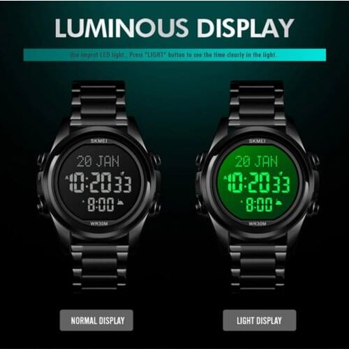 Muslim Azan Clock Watch for Prayer with Qibla Compass Adhan Alarm Hijri Calendar Islamic Al Harameen Watch Men SKMEI 2020