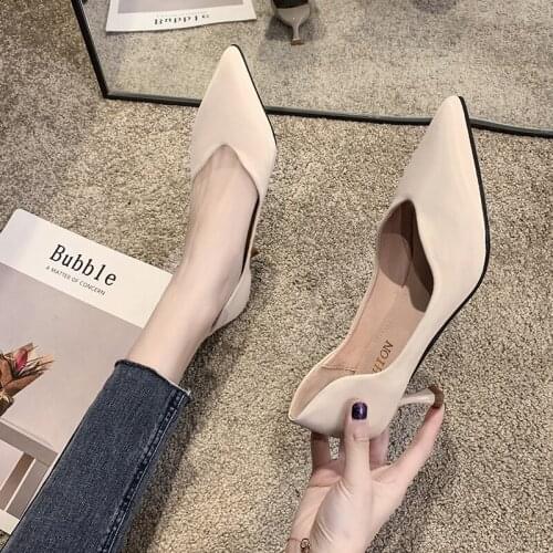 2020 Womens Shoes New Womens High Heels Office Slip-On Pointed Toe Thin Heels Simple Solid Color Wedding Shoes Woman W32-35
