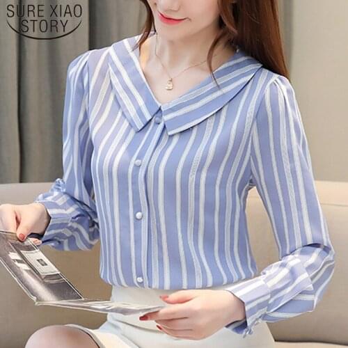 Autumn New Korean Stripe Women Shirts Long Sleeve Doll Collar Women Blouses Blusas Mujer De Moda 2021 Sweet Fashion 6769 50