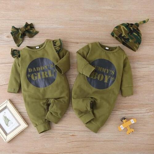 Toddler Baby Girls boys Clothes Cotton Long sleeve Army green Romper Jumpsuit +Hat Newborn Outfits Brother and Sister Clothing