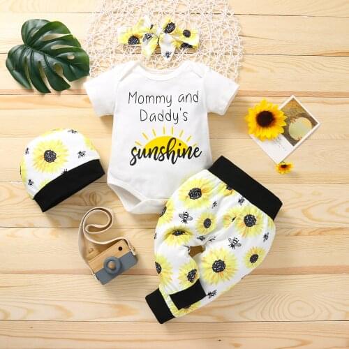 Newborn Baby Girls Clothes Sets Summer Infant Outfits Letter Floral Romper Tops Pants Headband Hat Cute 4Pcs Toddler Clothing