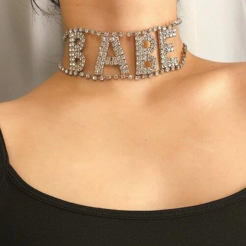 Lady Sexy Fashion Exaggerated Shiny Rhinestone Letter Choker Necklace for Women Punk Wide Neck Chocker Collar Jewelry Necklaces