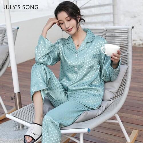JULYS SONG Stain Silk Woman Pajamas 2 Pieces Woman Spring Summer Sleepwear Love Jacquard Pajamas Set Long Sleeves Home Wear