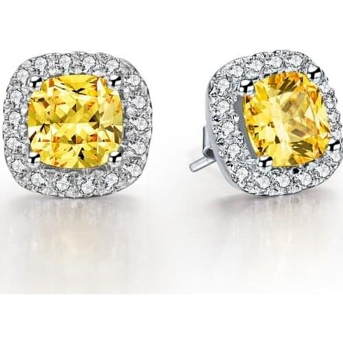 Gorgeous Earrings Wholesale 3Ct/Piece Cushion Yellow Luxury Earrings Stud for Women Engagement Brand Earrings Female White Gold