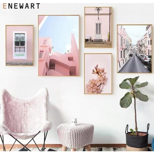Pink Architecture Cityscape Canvas Painting Botanical Peach Flower Print Poster Nordic Building Landscape Wall Art Home Decor